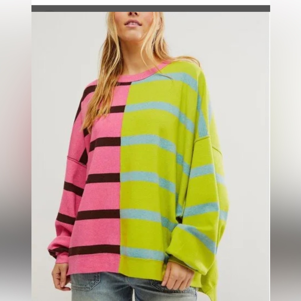 Free People Pink and Green Striped Top